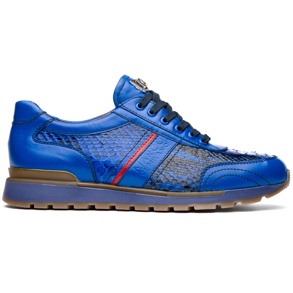 The Brescia Electric Blue sneakers by Marco Di Milano feature blue python leather, black laces, a red stripe, hand-painted side panels, and brown rubber soles—displayed with one shoe upright and the other on its side.