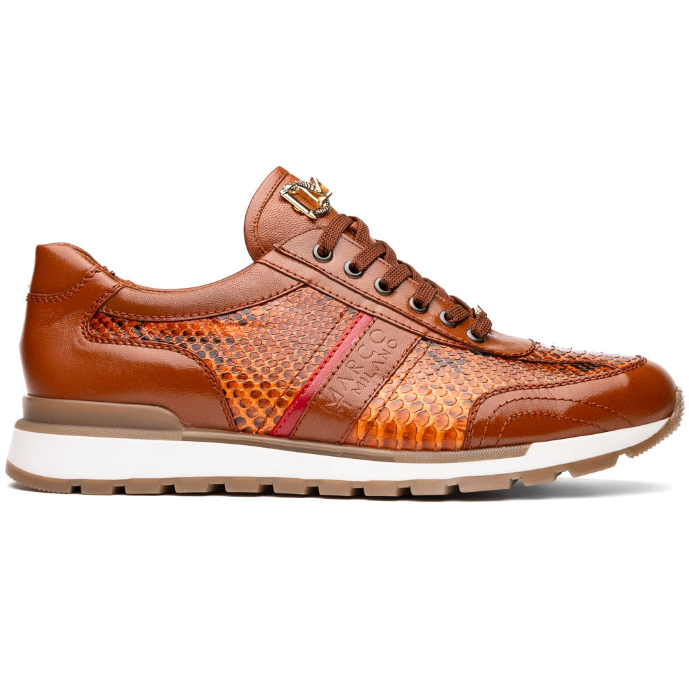 The Marco Di Milano Brescia Honey is a brown leather python fashion sneaker featuring a textured snakeskin pattern, red accent stripe, and thick rubber sole—luxury footwear redefined.
