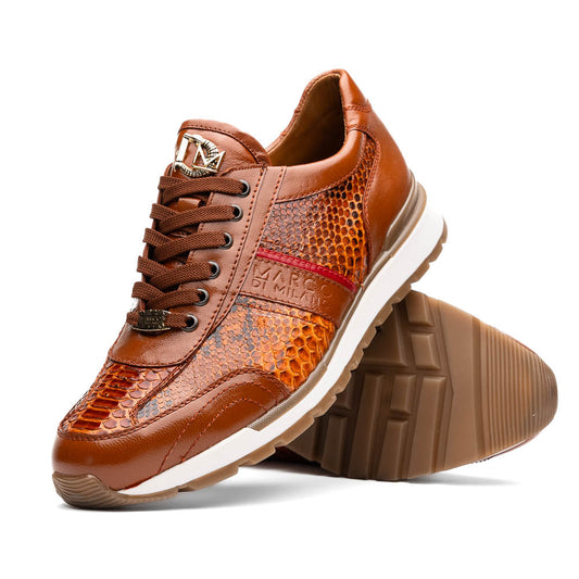 The Marco Di Milano Brescia Honey is a brown leather python fashion sneaker featuring a textured snakeskin pattern, red accent stripe, and thick rubber sole—luxury footwear redefined.