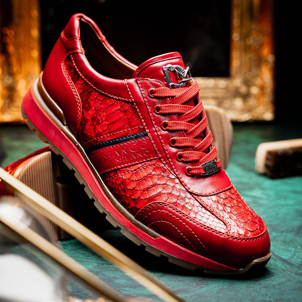 The Marco Di Milano Brescia Red sneakers feature red leather with a python-inspired texture, rubber sole, and lace-up design—shown with one shoe upright and the other displaying the sole.