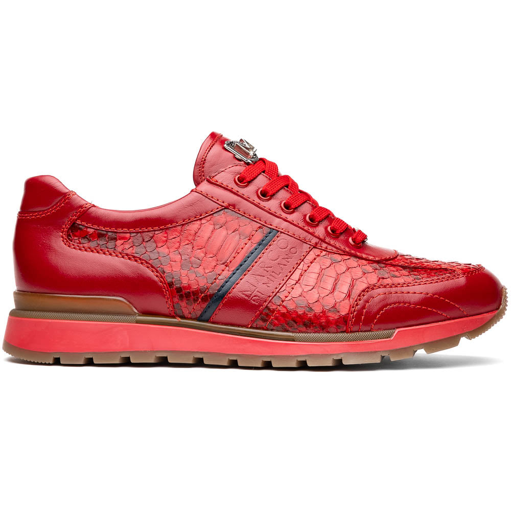 The Marco Di Milano Brescia Red sneakers feature red leather with a python-inspired texture, rubber sole, and lace-up design—shown with one shoe upright and the other displaying the sole.