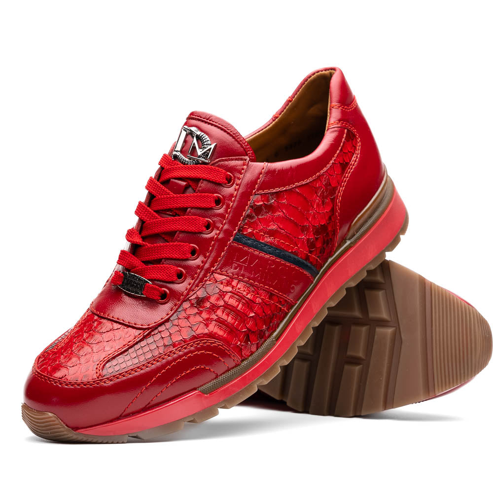 The Marco Di Milano Brescia Red sneakers feature red leather with a python-inspired texture, rubber sole, and lace-up design—shown with one shoe upright and the other displaying the sole.