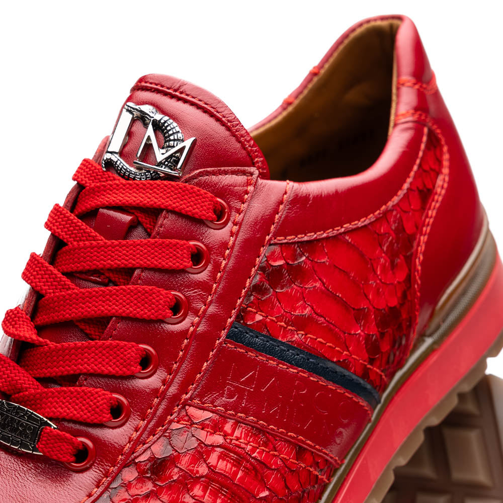 The Marco Di Milano Brescia Red sneakers feature red leather with a python-inspired texture, rubber sole, and lace-up design—shown with one shoe upright and the other displaying the sole.