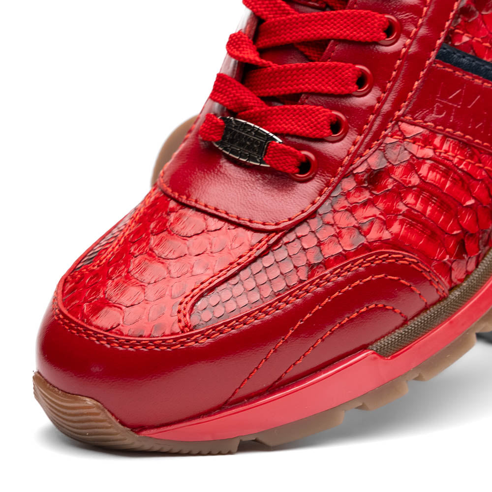 The Marco Di Milano Brescia Red sneakers feature red leather with a python-inspired texture, rubber sole, and lace-up design—shown with one shoe upright and the other displaying the sole.