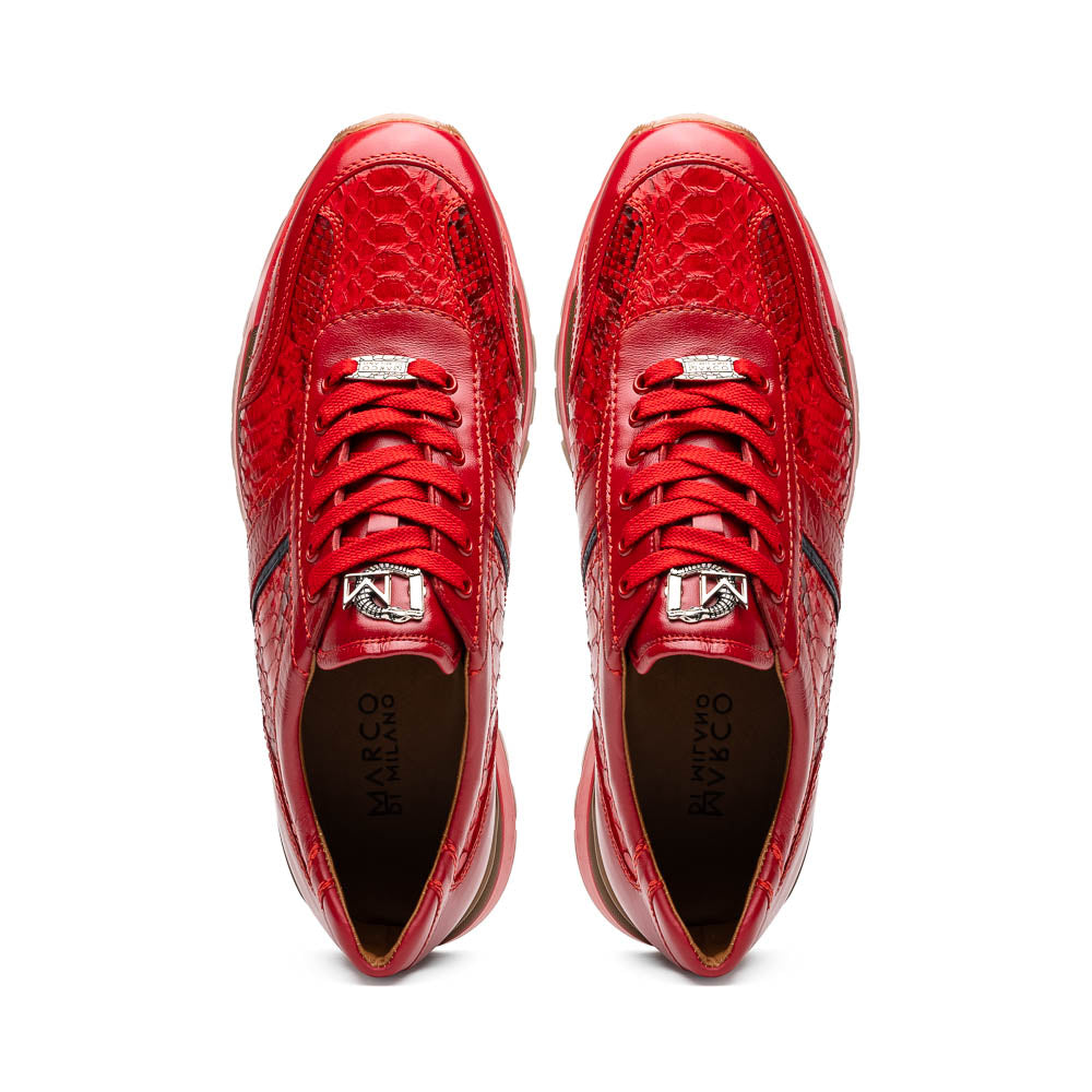 The Marco Di Milano Brescia Red sneakers feature red leather with a python-inspired texture, rubber sole, and lace-up design—shown with one shoe upright and the other displaying the sole.