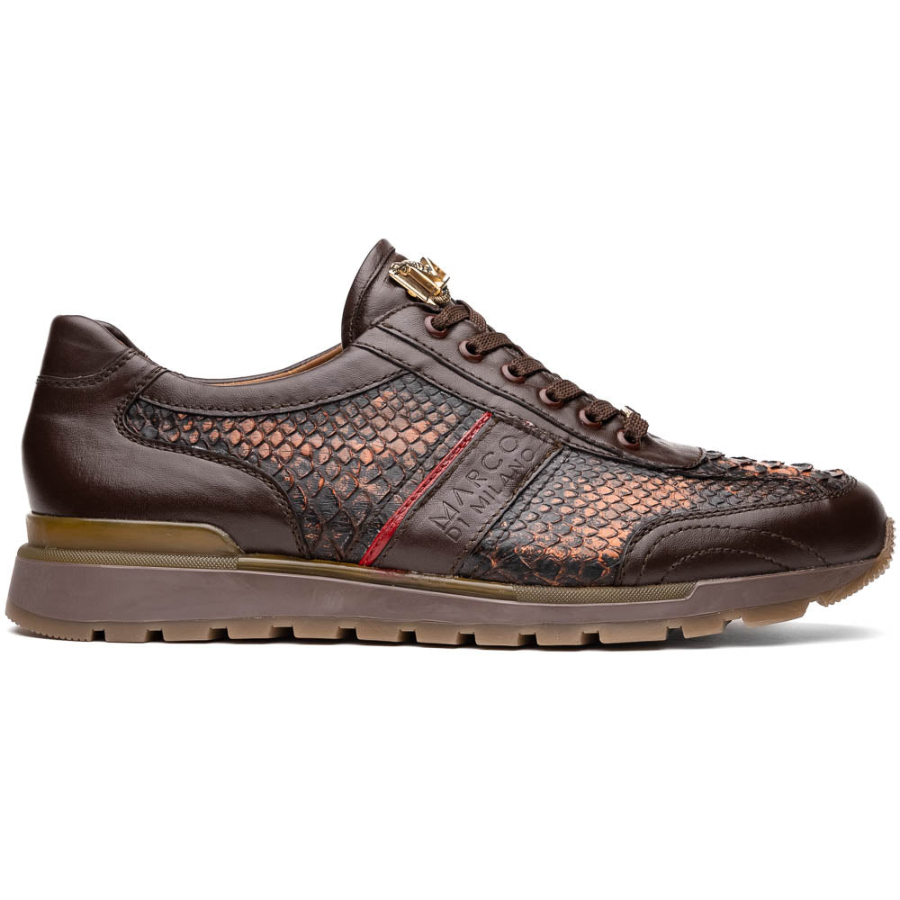 The Marco Di Milano Brescia Washed Cognac sneakers feature brown leather with a snakeskin pattern, gold accents, and rubber soles; one shoe is propped stylishly against the other, showcasing luxury footwear appeal.