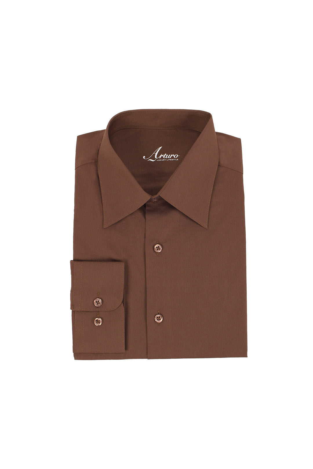 The ARTURO Modern Fit Long Sleeve Brown Dress Shirt by Arturo is made from soft cotton with a crisp collar and buttons.