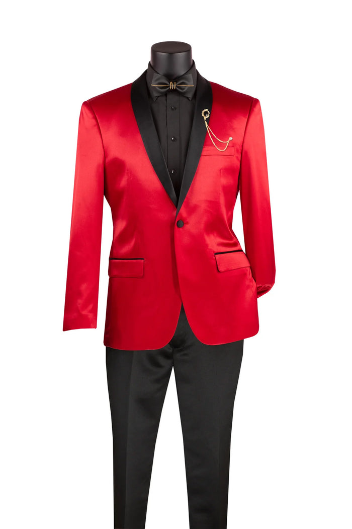 A red Vinci Suits slim fit sport coat (BST-1) with a narrow black shawl lapel and pocket chain, displayed over a wrinkle-resistant black shirt and bow tie, paired with black trousers on a mannequin.