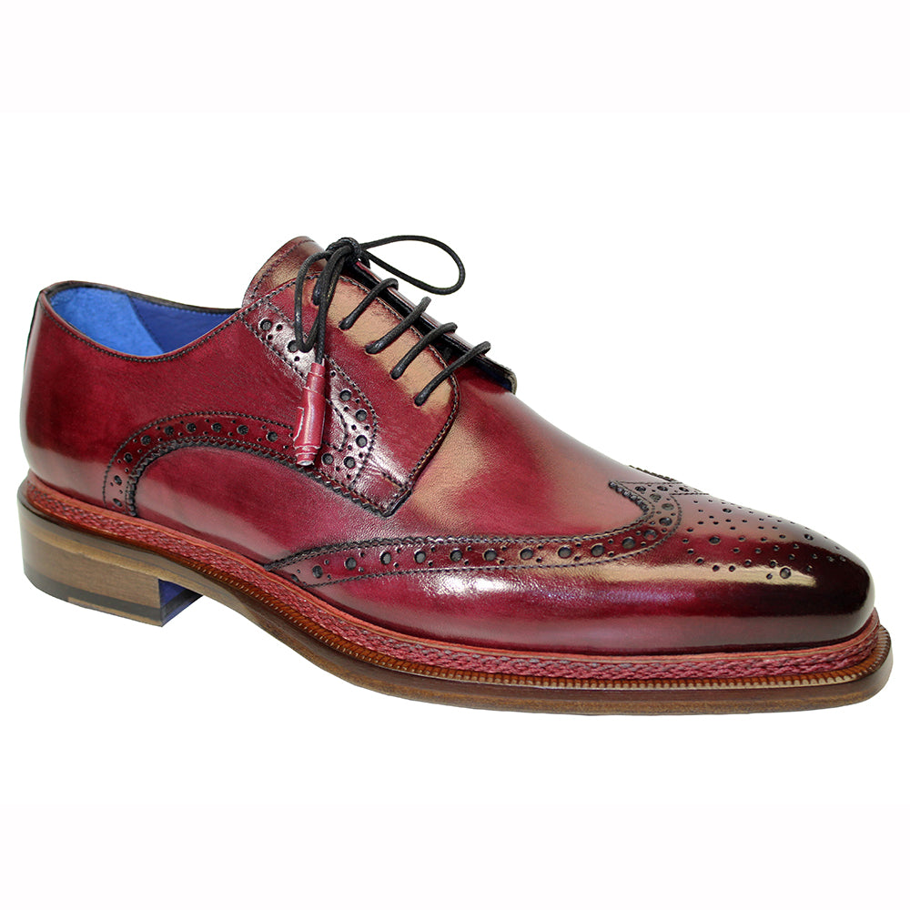 The Emilio Franco "Adriano" burgundy leather dress shoe, made in Italy, features black laces, brogue perforations, and a stacked wooden heel. FINAL SALE. Sizes: 8, 8.5, 9.5, 10 only.