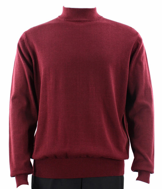 The Bassiri L/S Mock-Neck Burgundy Sweater 630, a refined creation by Bassiri, is made from soft Tencel and elegantly drapes over the person photographed from the back.