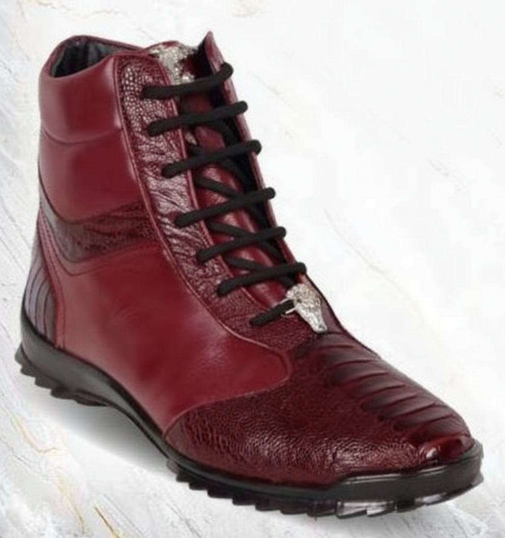 The Los Altos HIGH TOP Burgundy Ostrich Boots feature handmade leather with textured panels, black laces, a black sole, and a metallic emblem—perfect for fans of exotic skin footwear.