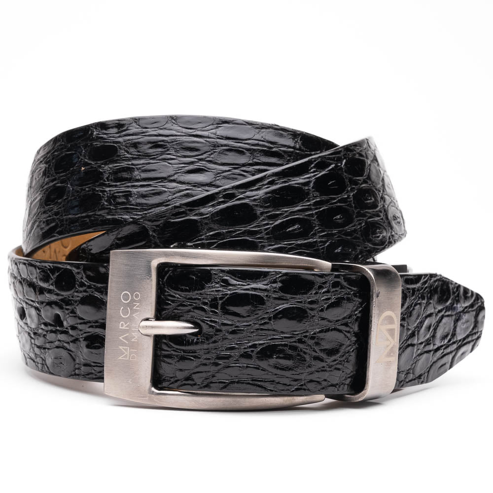 The Massimo Belt Black by Marco Di Milano is crafted from black crocodile-pattern leather with a metallic buckle engraved "Marco Di Milano" and "MD," featuring hand-painted finishes to complement luxury footwear collections.