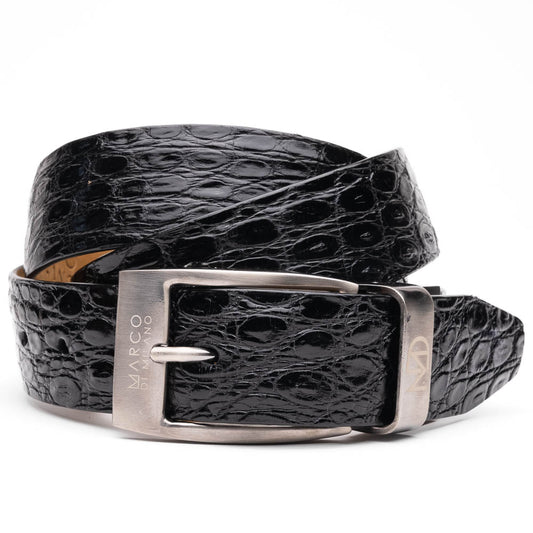 The Massimo Belt Black by Marco Di Milano is crafted from black crocodile-pattern leather with a metallic buckle engraved "Marco Di Milano" and "MD," featuring hand-painted finishes to complement luxury footwear collections.