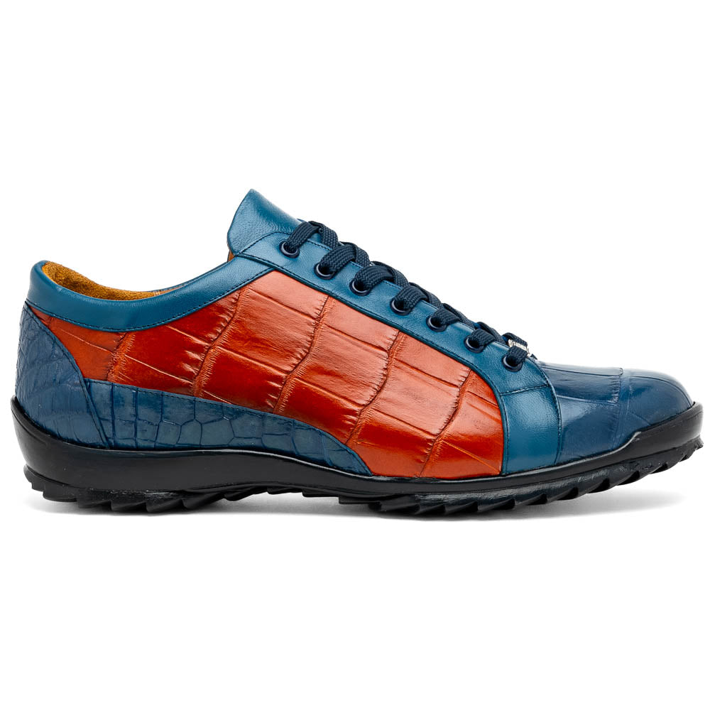 The Marco Di Milano Cairo Blue Jeans/Honey low-top sneakers showcase blue and orange genuine alligator leather with black laces and textured black rubber soles for a luxurious look.