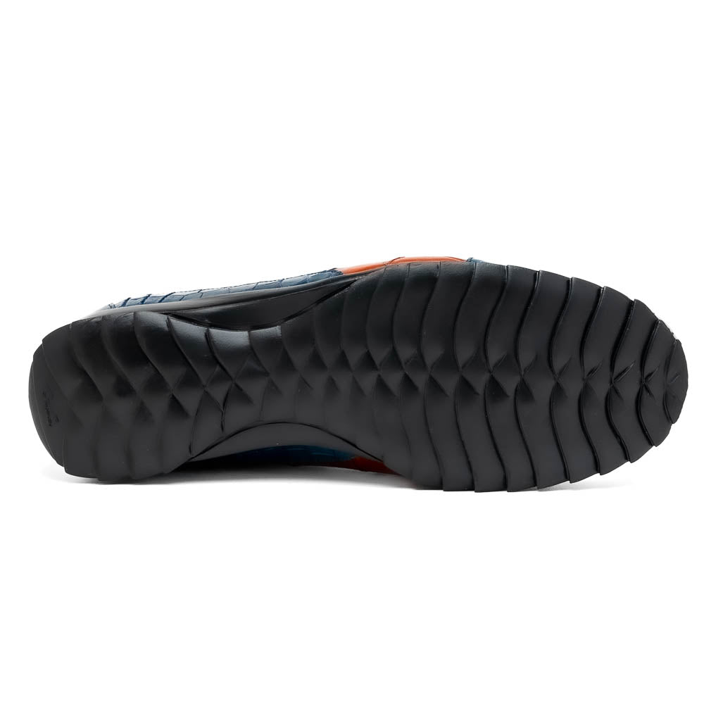 The Marco Di Milano Cairo Blue Jeans/Honey low-top sneakers showcase blue and orange genuine alligator leather with black laces and textured black rubber soles for a luxurious look.