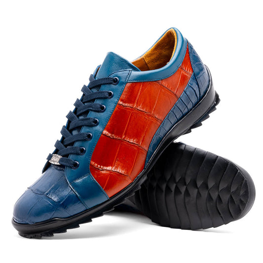 The Marco Di Milano Cairo Blue Jeans/Honey low-top sneakers showcase blue and orange genuine alligator leather with black laces and textured black rubber soles for a luxurious look.
