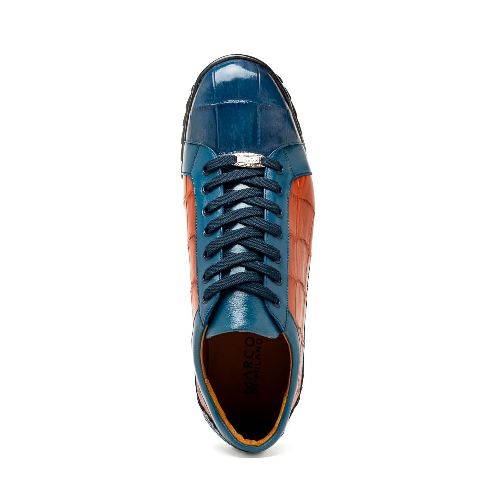 The Marco Di Milano Cairo Blue Jeans/Honey low-top sneakers showcase blue and orange genuine alligator leather with black laces and textured black rubber soles for a luxurious look.