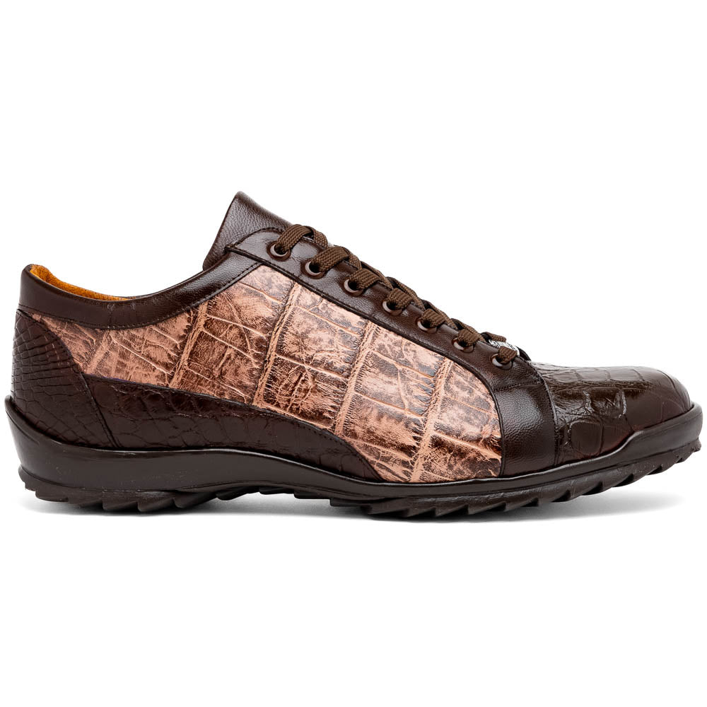 The Marco Di Milano Cairo Brown/Orix men's sneakers feature brown luxury footwear with textured panels and rubber soles, crafted to resemble genuine alligator. One shoe stands upright while the other lies on its side.