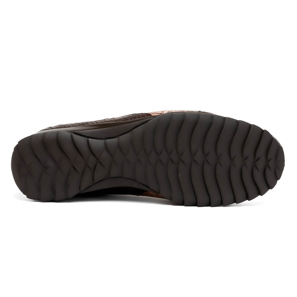 The Marco Di Milano Cairo Brown/Orix men's sneakers feature brown luxury footwear with textured panels and rubber soles, crafted to resemble genuine alligator. One shoe stands upright while the other lies on its side.