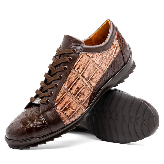 The Marco Di Milano Cairo Brown/Orix men's sneakers feature brown luxury footwear with textured panels and rubber soles, crafted to resemble genuine alligator. One shoe stands upright while the other lies on its side.