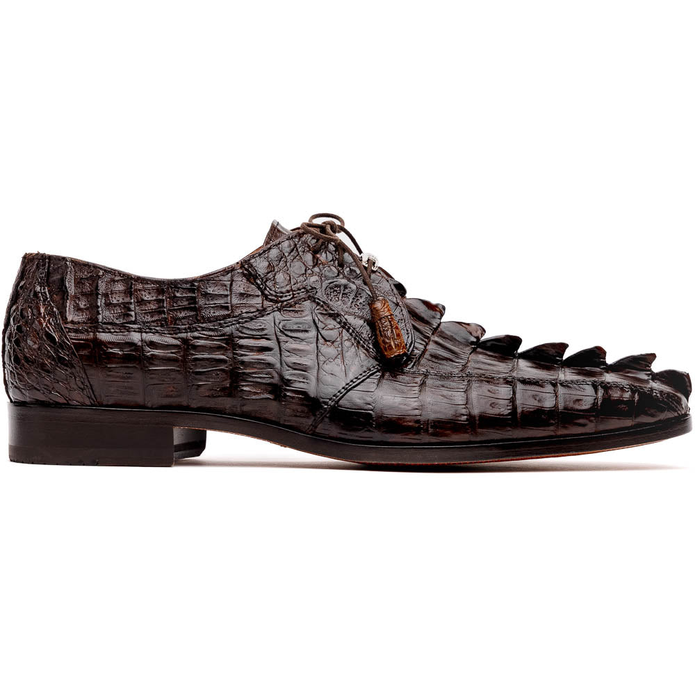 A pair of Marco Di Milano Cancun Brown derby shoes in dark brown hornback caiman crocodile leather—one displays the textured upper, while the other reveals the hand-painted exotic sole embossed with the brand.
