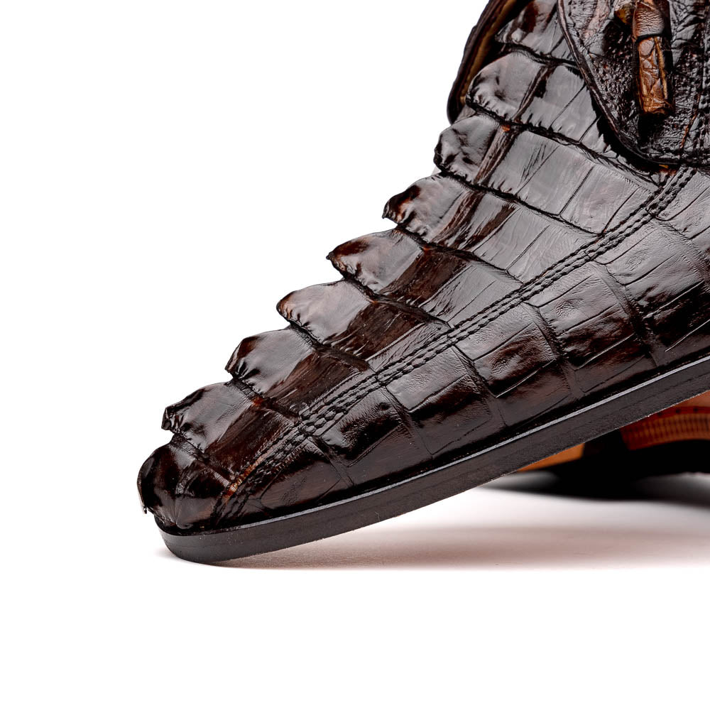 A pair of Marco Di Milano Cancun Brown derby shoes in dark brown hornback caiman crocodile leather—one displays the textured upper, while the other reveals the hand-painted exotic sole embossed with the brand.