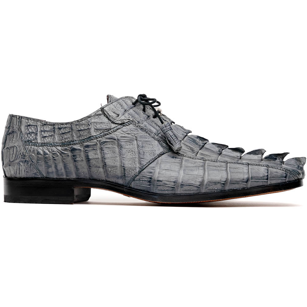 The Marco Di Milano Cancun Gray is a luxury men's derby shoe made from genuine hornback caiman crocodile leather in gray, with black laces, red lining, and brown leather soles—an exquisite choice in exotic footwear.
