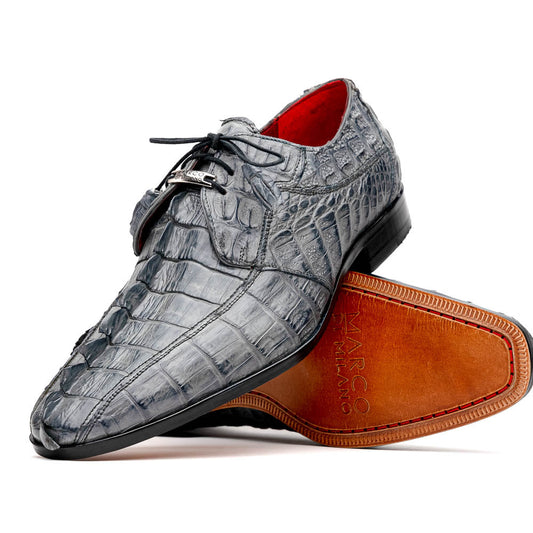 The Marco Di Milano Cancun Gray is a luxury men's derby shoe made from genuine hornback caiman crocodile leather in gray, with black laces, red lining, and brown leather soles—an exquisite choice in exotic footwear.
