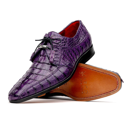 The Marco Di Milano Cancun Purple is a luxurious pair of derby shoes crafted from genuine hornback caiman crocodile leather, hand-painted in purple with black laces—one shown upright, the other displaying a tan branded sole.
