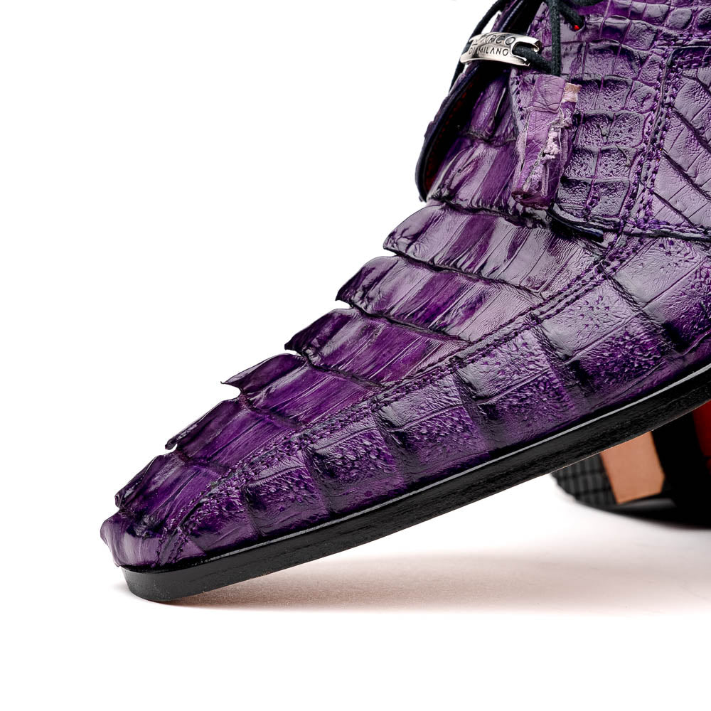 The Marco Di Milano Cancun Purple is a luxurious pair of derby shoes crafted from genuine hornback caiman crocodile leather, hand-painted in purple with black laces—one shown upright, the other displaying a tan branded sole.