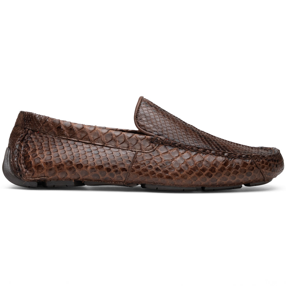 A pair of Capri Brown luxury exotic shoes by Marco Di Milano, crafted from genuine python leather, with one handcrafted men’s loafer standing upright and the other displayed on its side to highlight the intricately textured sole.