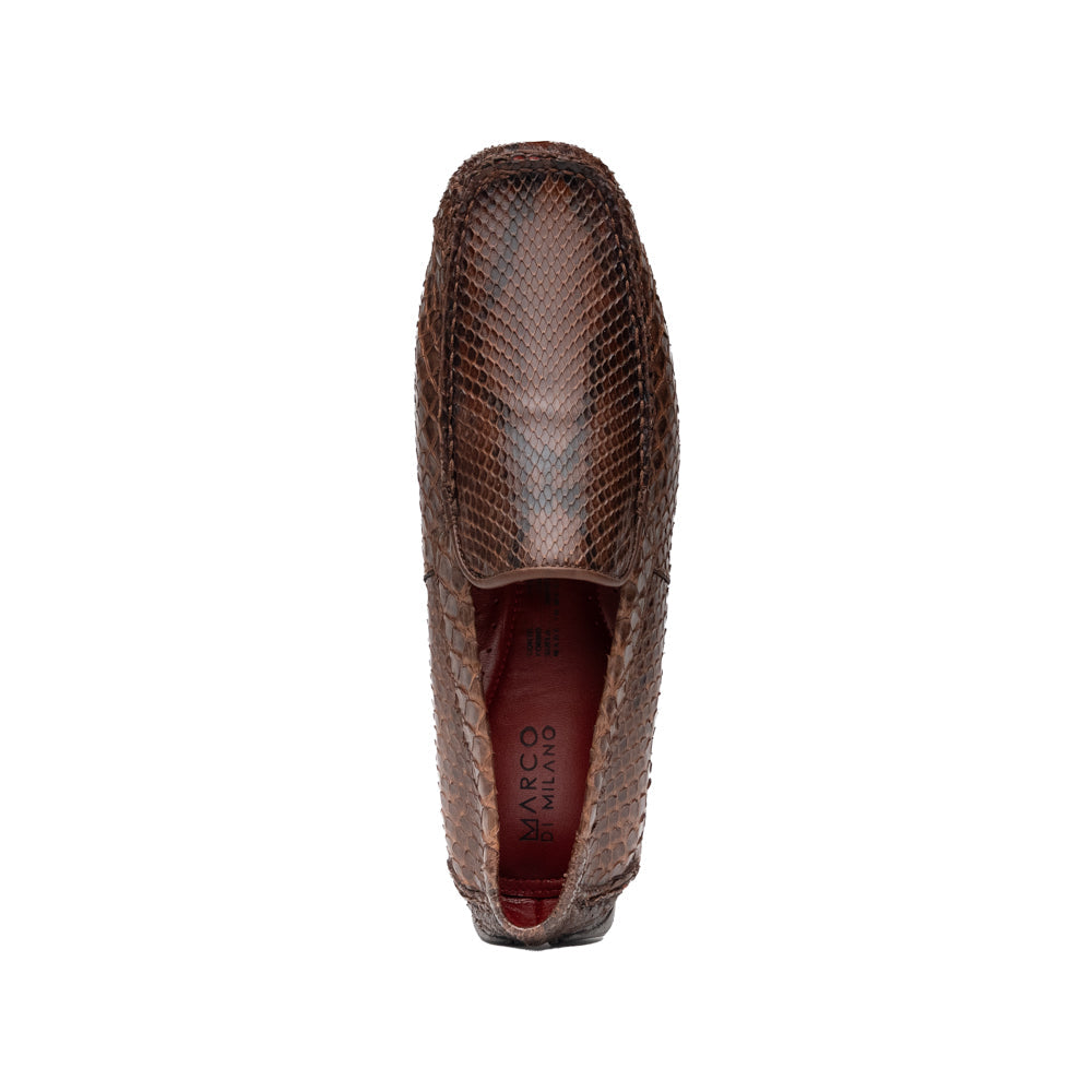 A pair of Capri Brown luxury exotic shoes by Marco Di Milano, crafted from genuine python leather, with one handcrafted men’s loafer standing upright and the other displayed on its side to highlight the intricately textured sole.