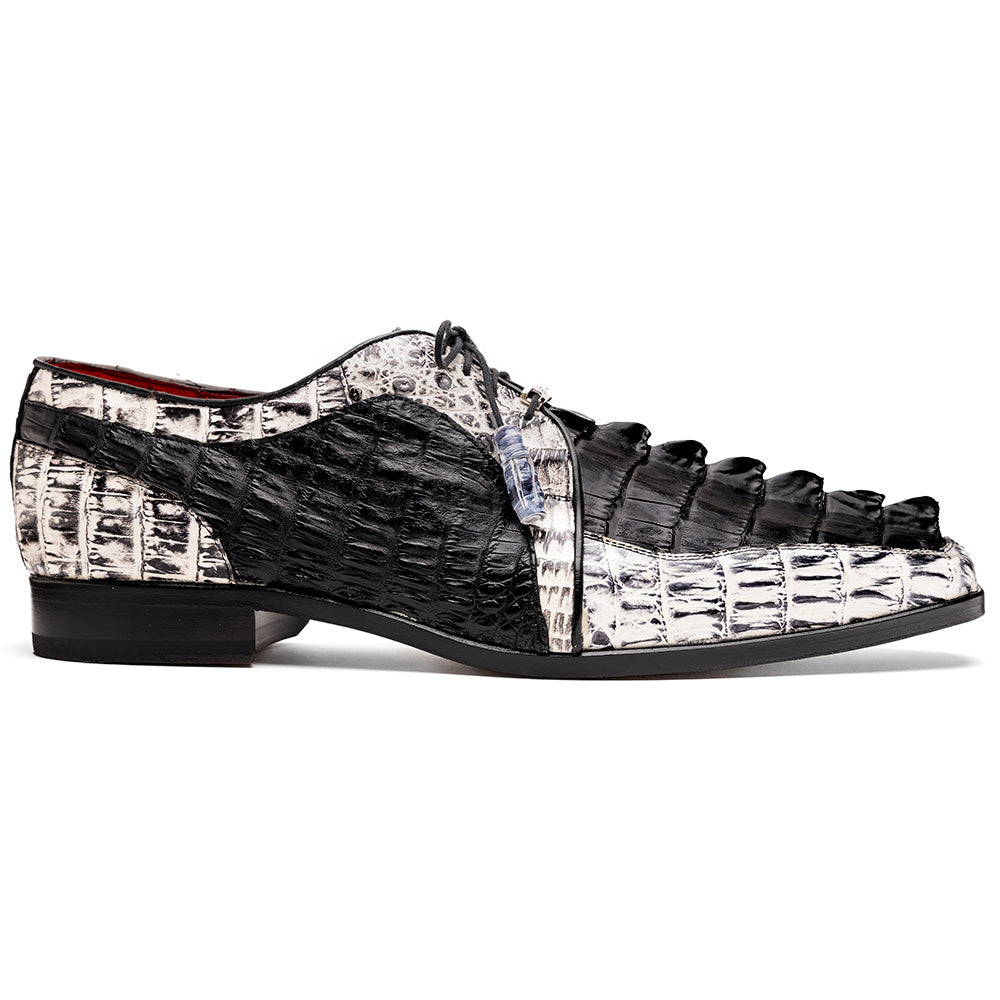 The Marco Di Milano Caribe Black / Newspaper are luxury men's derby shoes crafted from genuine hornback caiman crocodile leather in black and white, featuring red lining, leather soles, lace-up closures, and decorative tassels.