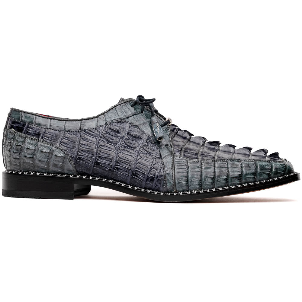 The Caribe Dark Gray by Marco Di Milano is a pair of luxury derby shoes crafted from genuine hornback caiman crocodile, with black laces and a brown leather sole—a standout in exotic footwear.