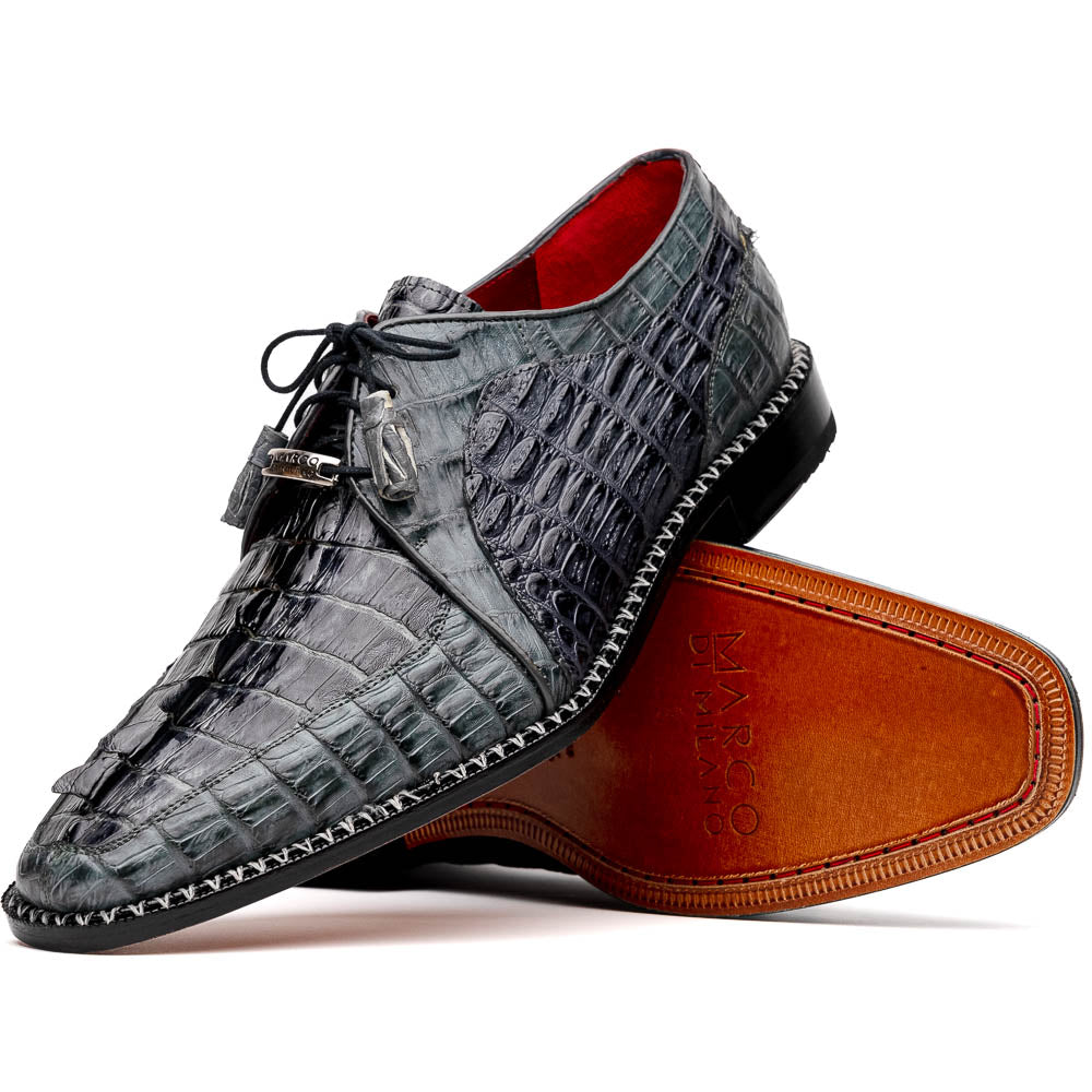 The Caribe Dark Gray by Marco Di Milano is a pair of luxury derby shoes crafted from genuine hornback caiman crocodile, with black laces and a brown leather sole—a standout in exotic footwear.