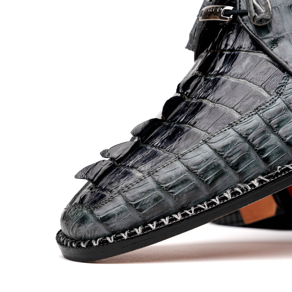 The Caribe Dark Gray by Marco Di Milano is a pair of luxury derby shoes crafted from genuine hornback caiman crocodile, with black laces and a brown leather sole—a standout in exotic footwear.