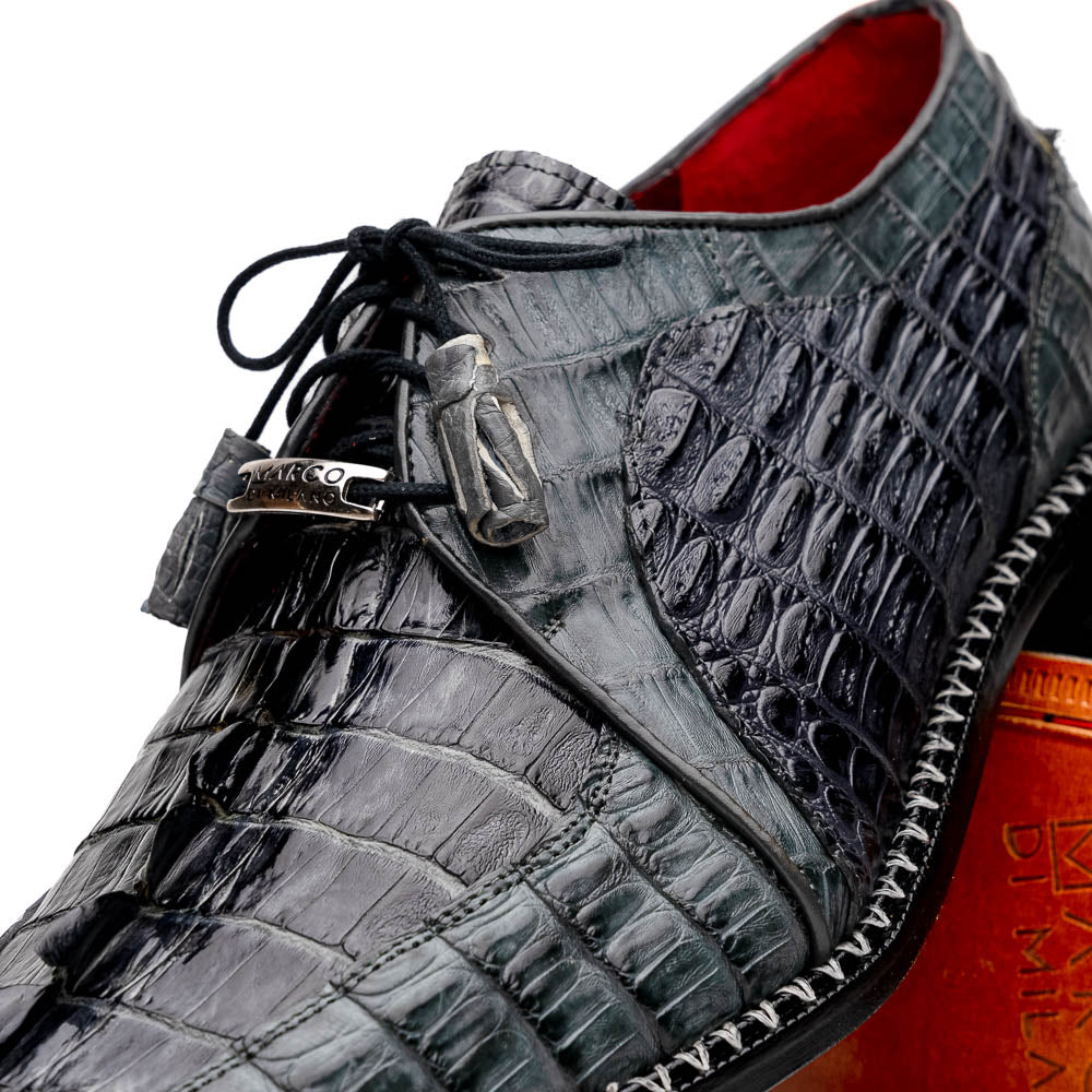 The Caribe Dark Gray by Marco Di Milano is a pair of luxury derby shoes crafted from genuine hornback caiman crocodile, with black laces and a brown leather sole—a standout in exotic footwear.
