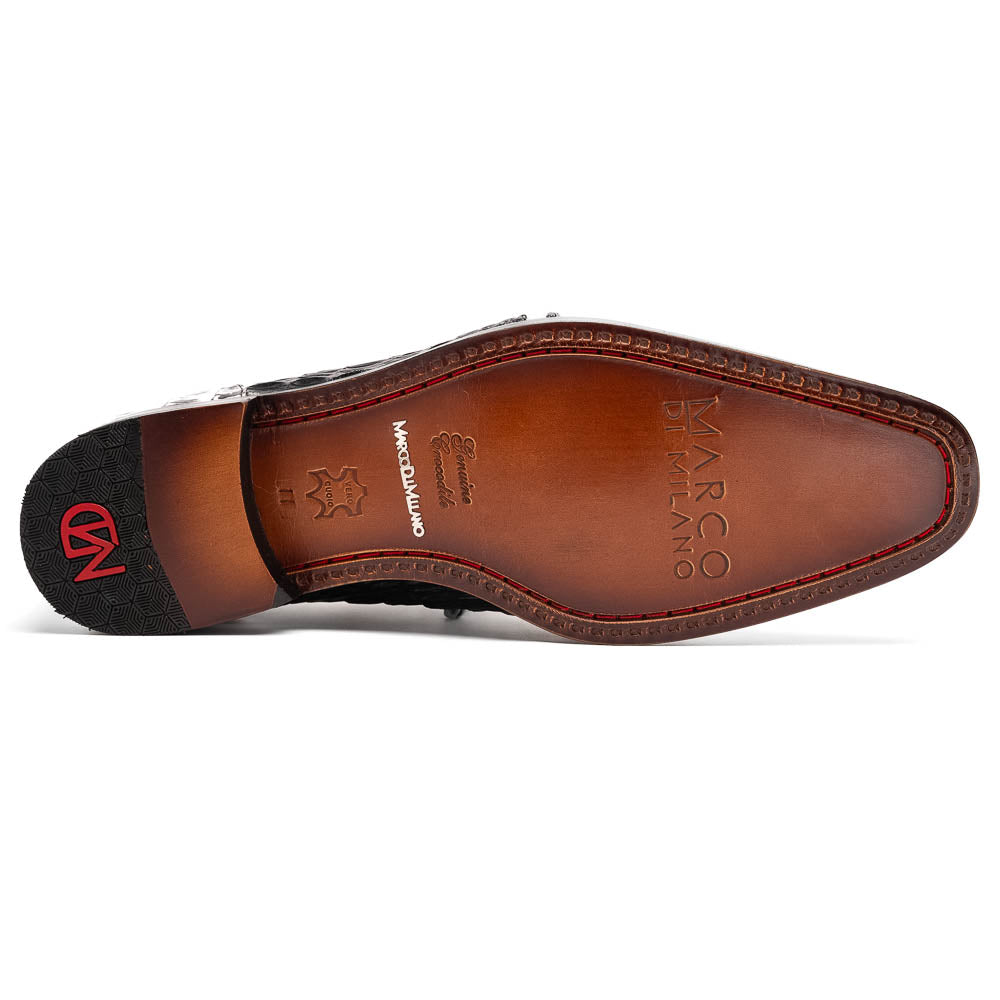 The Marco Di Milano Caribe Black / Newspaper are luxury men's derby shoes crafted from genuine hornback caiman crocodile leather in black and white, featuring red lining, leather soles, lace-up closures, and decorative tassels.