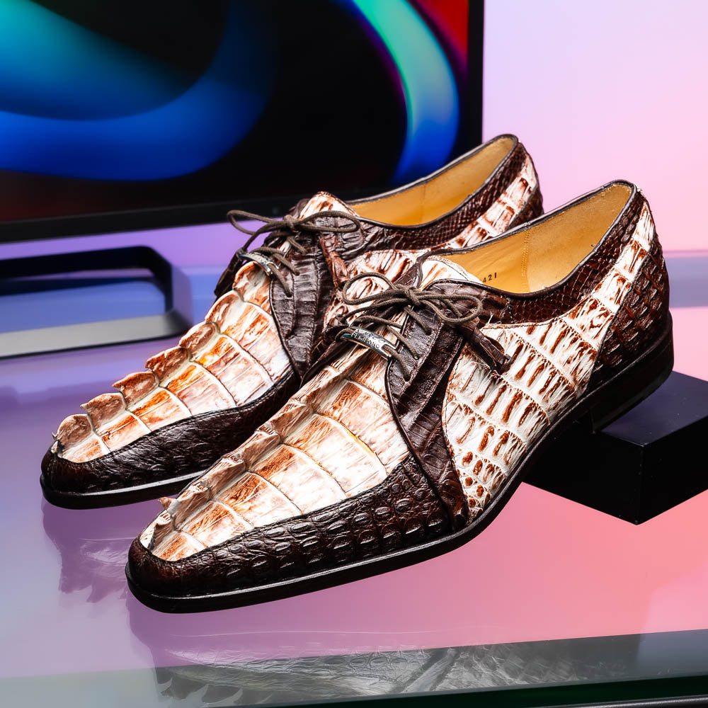 Introducing the Marco Di Milano Caribe Rustic White / Brown: luxury dress shoes in genuine hornback caiman crocodile with brown and beige scales, hand-painted finish, lace-up closure, and a leather sole featuring red stitching.
