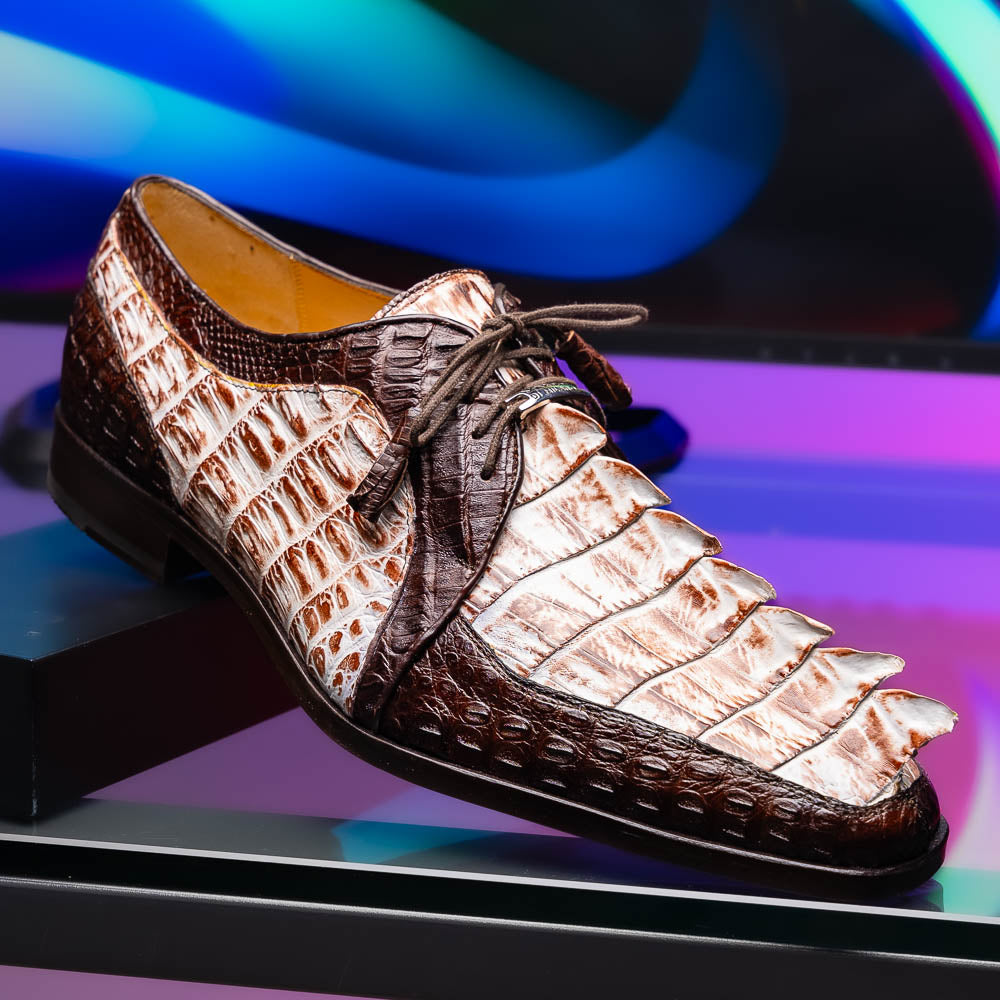 Introducing the Marco Di Milano Caribe Rustic White / Brown: luxury dress shoes in genuine hornback caiman crocodile with brown and beige scales, hand-painted finish, lace-up closure, and a leather sole featuring red stitching.