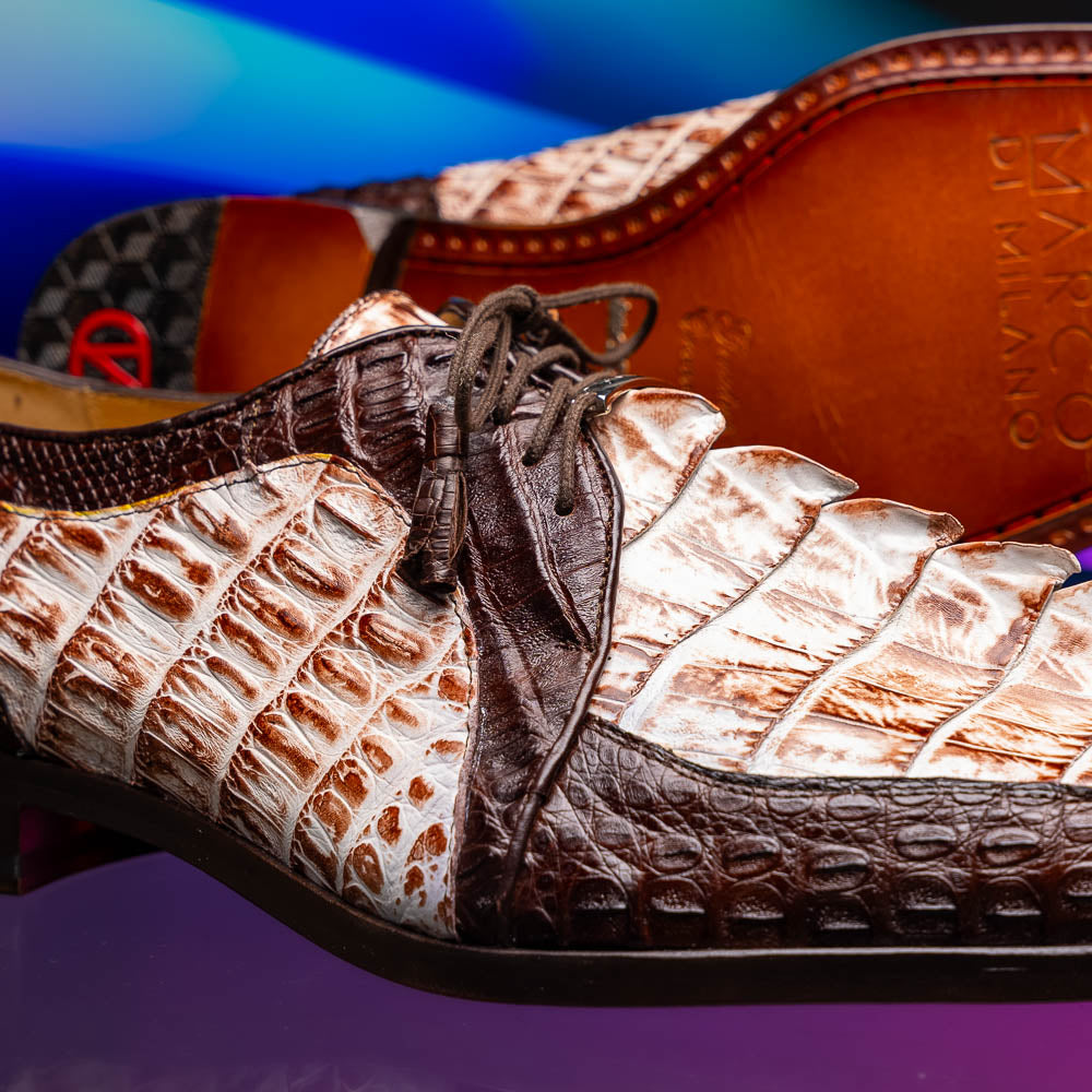 Introducing the Marco Di Milano Caribe Rustic White / Brown: luxury dress shoes in genuine hornback caiman crocodile with brown and beige scales, hand-painted finish, lace-up closure, and a leather sole featuring red stitching.