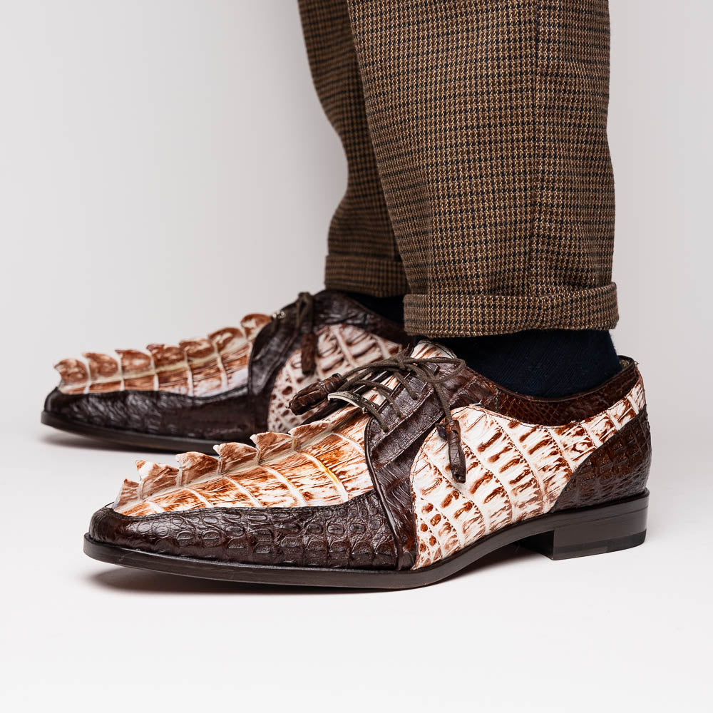 Introducing the Marco Di Milano Caribe Rustic White / Brown: luxury dress shoes in genuine hornback caiman crocodile with brown and beige scales, hand-painted finish, lace-up closure, and a leather sole featuring red stitching.
