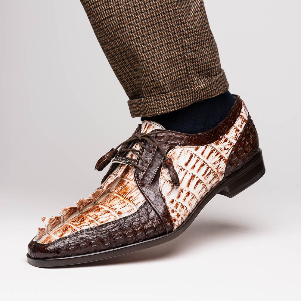 Introducing the Marco Di Milano Caribe Rustic White / Brown: luxury dress shoes in genuine hornback caiman crocodile with brown and beige scales, hand-painted finish, lace-up closure, and a leather sole featuring red stitching.