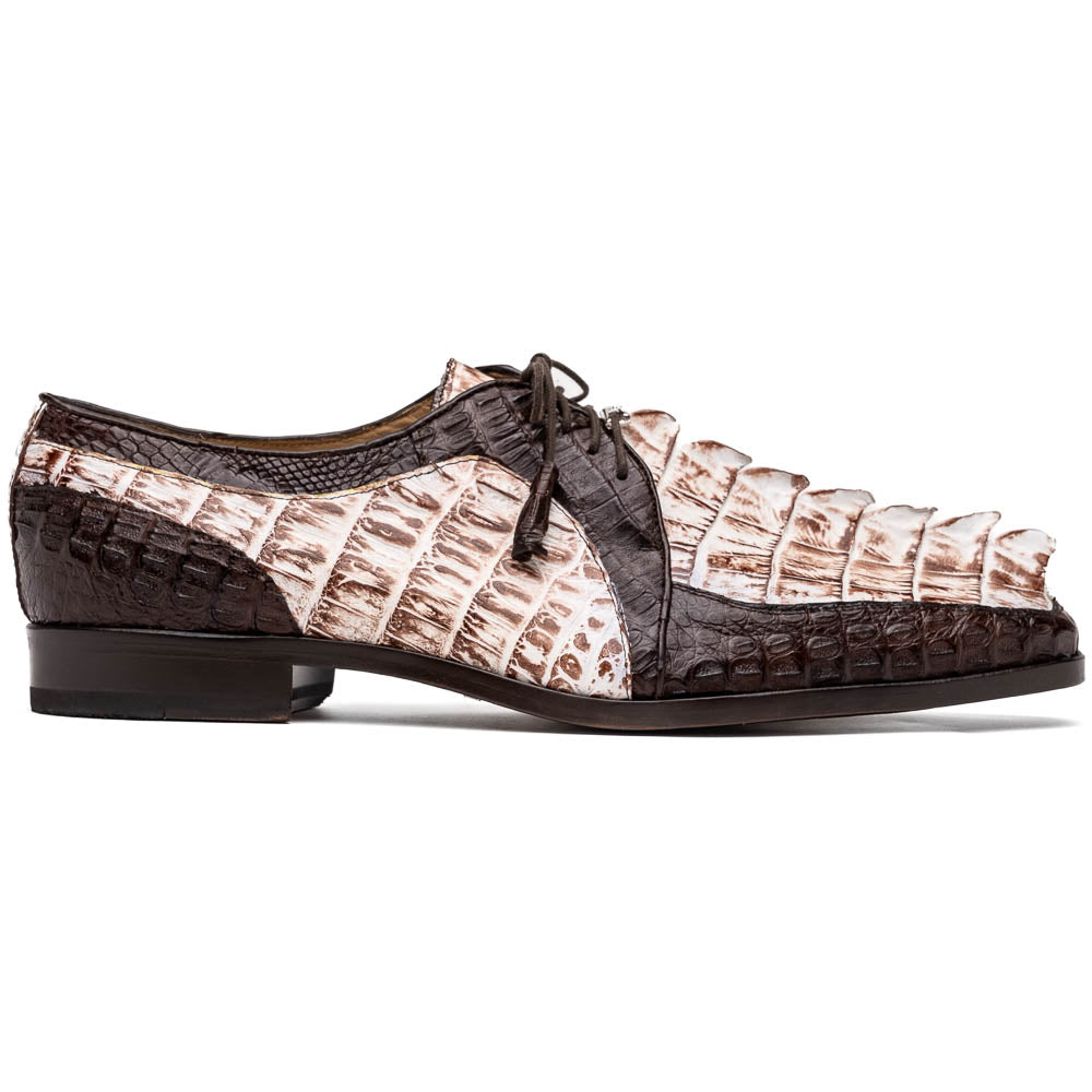 Introducing the Marco Di Milano Caribe Rustic White / Brown: luxury dress shoes in genuine hornback caiman crocodile with brown and beige scales, hand-painted finish, lace-up closure, and a leather sole featuring red stitching.