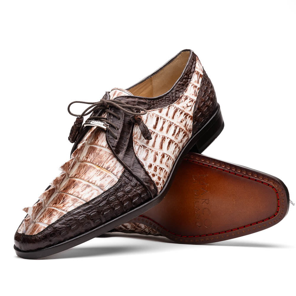 Introducing the Marco Di Milano Caribe Rustic White / Brown: luxury dress shoes in genuine hornback caiman crocodile with brown and beige scales, hand-painted finish, lace-up closure, and a leather sole featuring red stitching.
