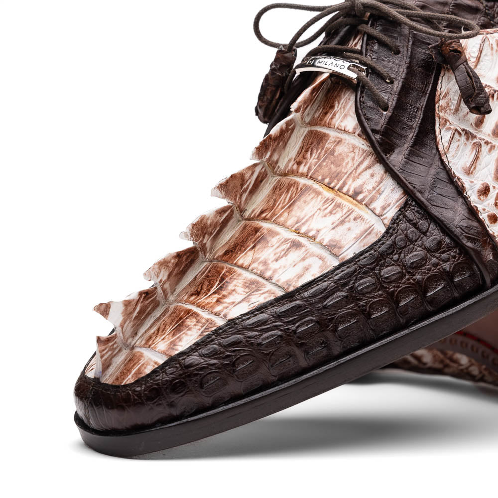 Introducing the Marco Di Milano Caribe Rustic White / Brown: luxury dress shoes in genuine hornback caiman crocodile with brown and beige scales, hand-painted finish, lace-up closure, and a leather sole featuring red stitching.