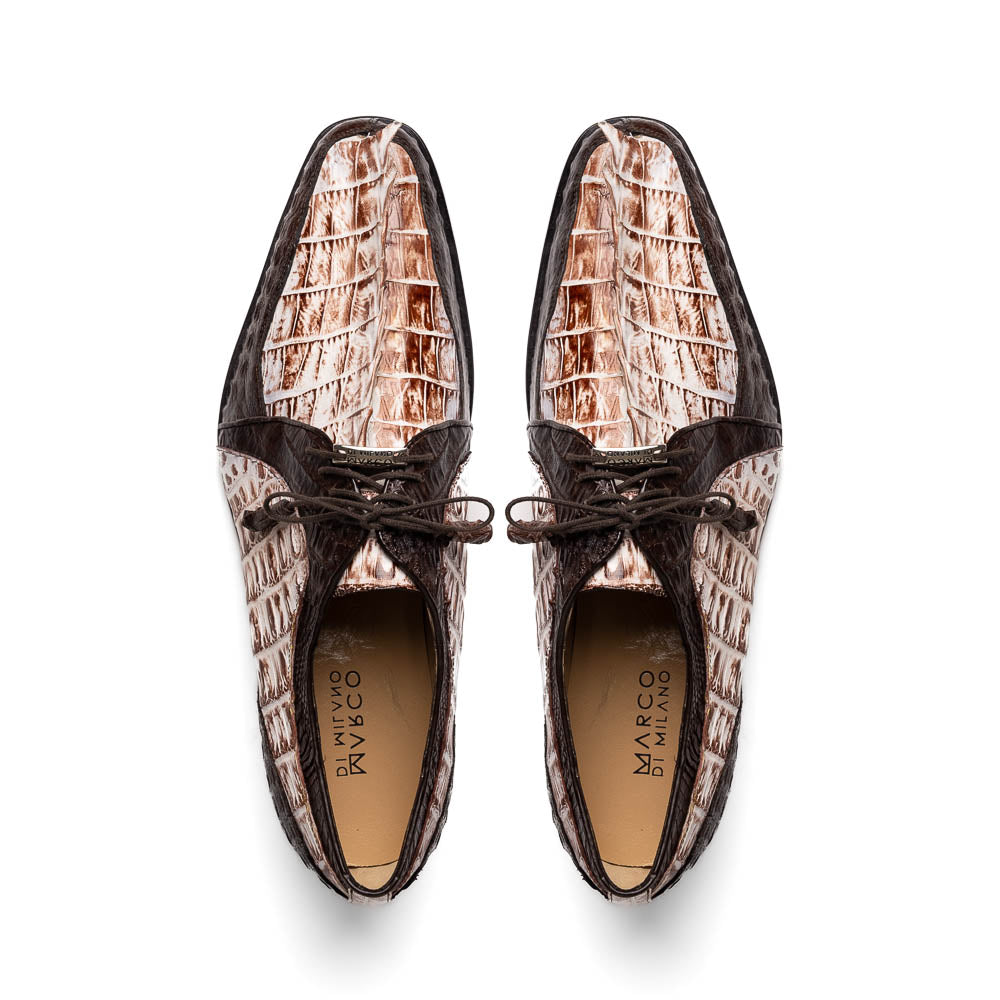 Introducing the Marco Di Milano Caribe Rustic White / Brown: luxury dress shoes in genuine hornback caiman crocodile with brown and beige scales, hand-painted finish, lace-up closure, and a leather sole featuring red stitching.