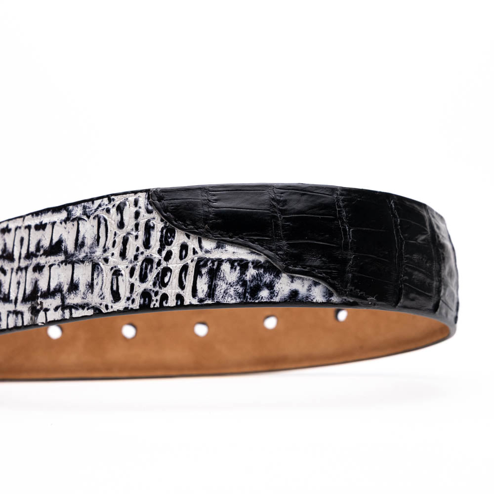 The Caribe Belt Black / Newspaper by Marco Di Milano features a black and white crocodile pattern with a silver buckle, engraved logo, and offers a refined style evocative of exotic leather craftsmanship.