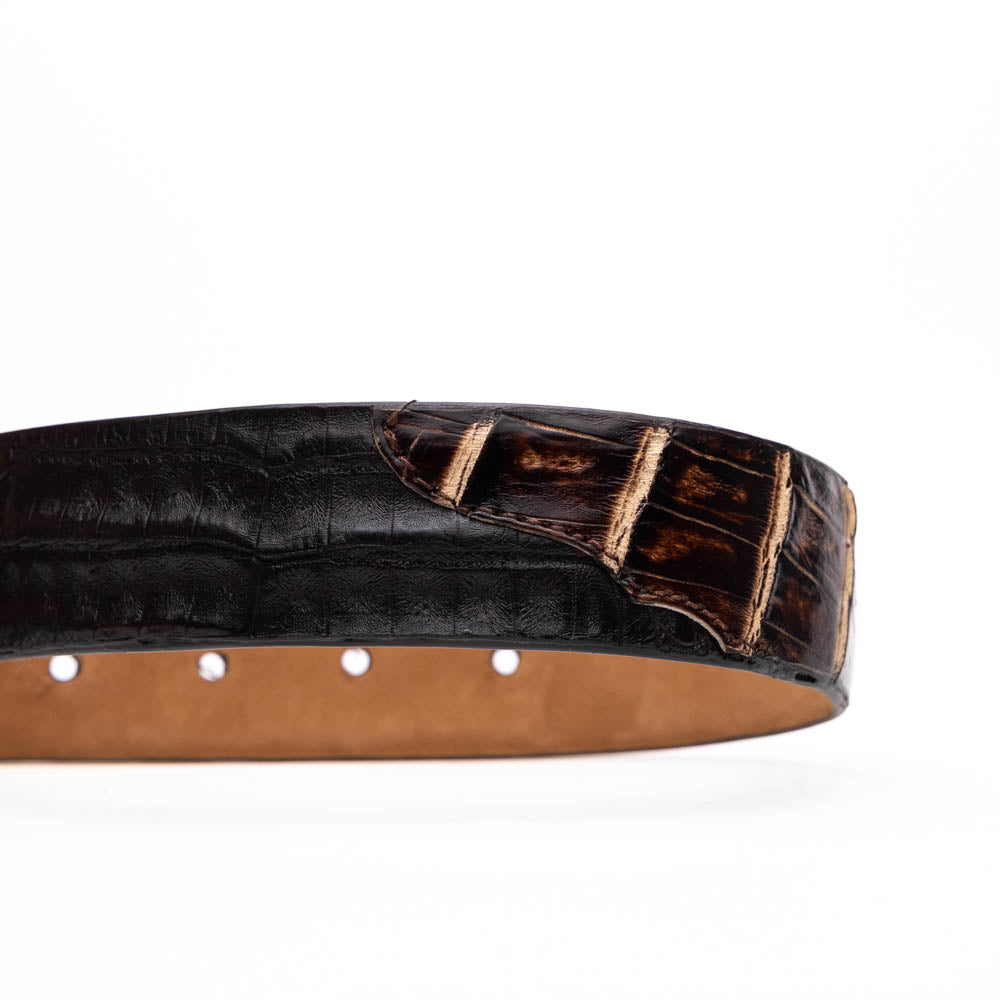 The Marco Di Milano Caribe Belt Brown / Pantano, a luxurious men's belt crafted from exotic caiman fuscus leather in brown and black with a silver buckle, is coiled against a white background.