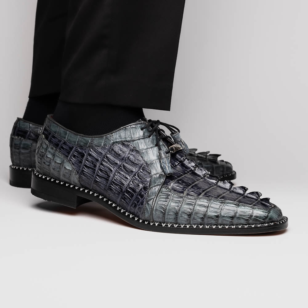 The Caribe Dark Gray by Marco Di Milano is a pair of luxury derby shoes crafted from genuine hornback caiman crocodile, with black laces and a brown leather sole—a standout in exotic footwear.